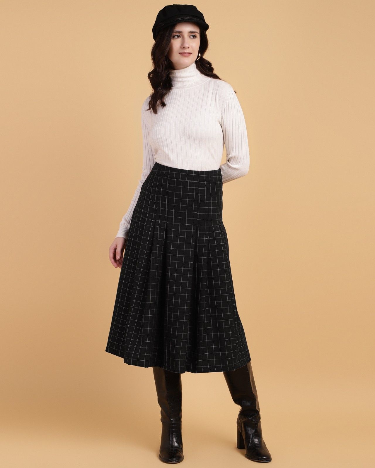 Black Pleated ALine CalfLength Skirt with Check Fabric